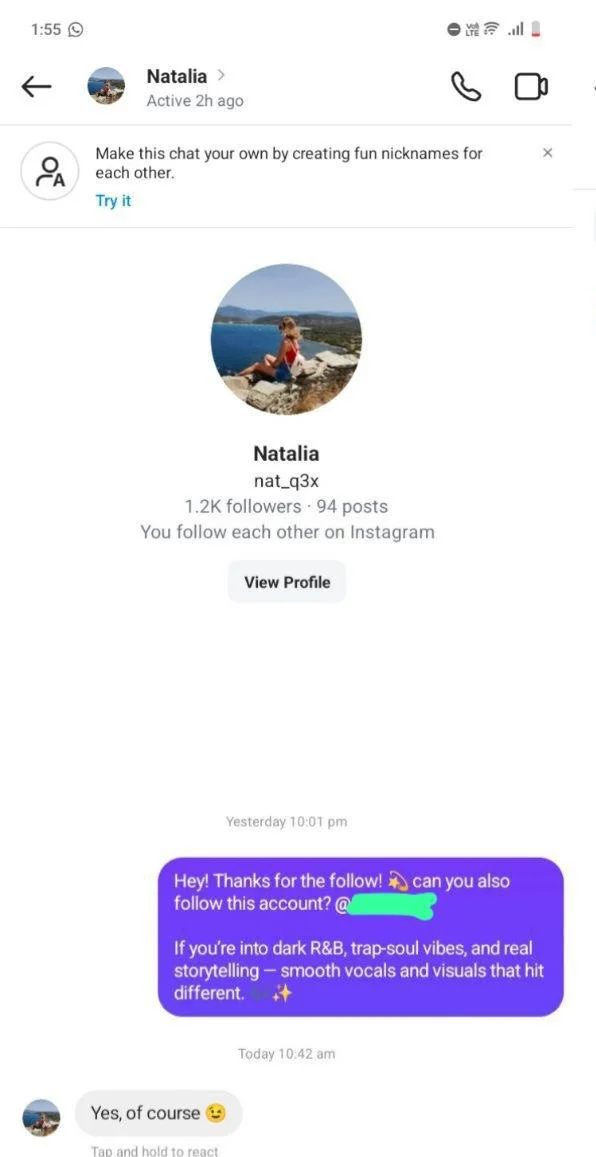 Instagram conversation showing a follower responding positively to a welcome message