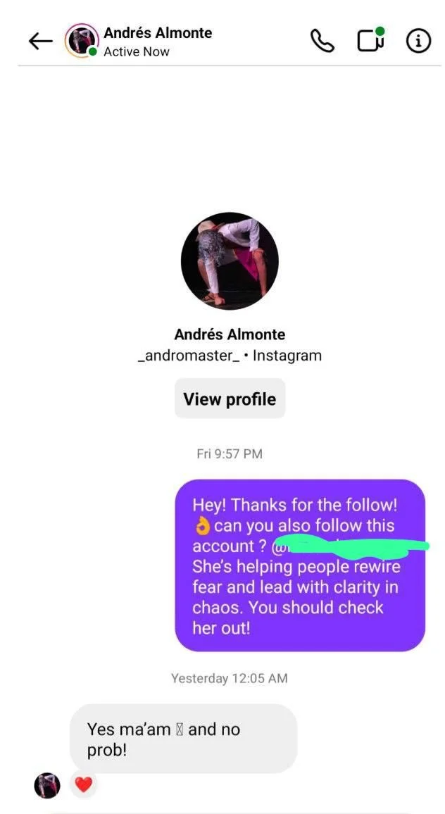 Instagram conversation showing a positive reply to a customized welcome message